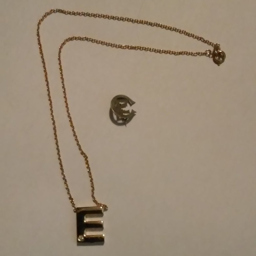 Initial E 2 Items Gold Necklace 8 1/2" And SIlver Pin 1/2"